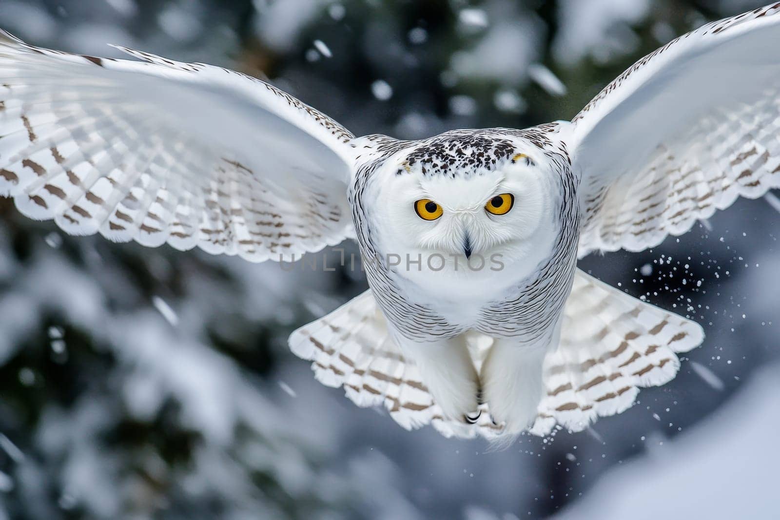 Majestic snowy owl with wings spread wide, flying through falling snow against a blurred winter background.