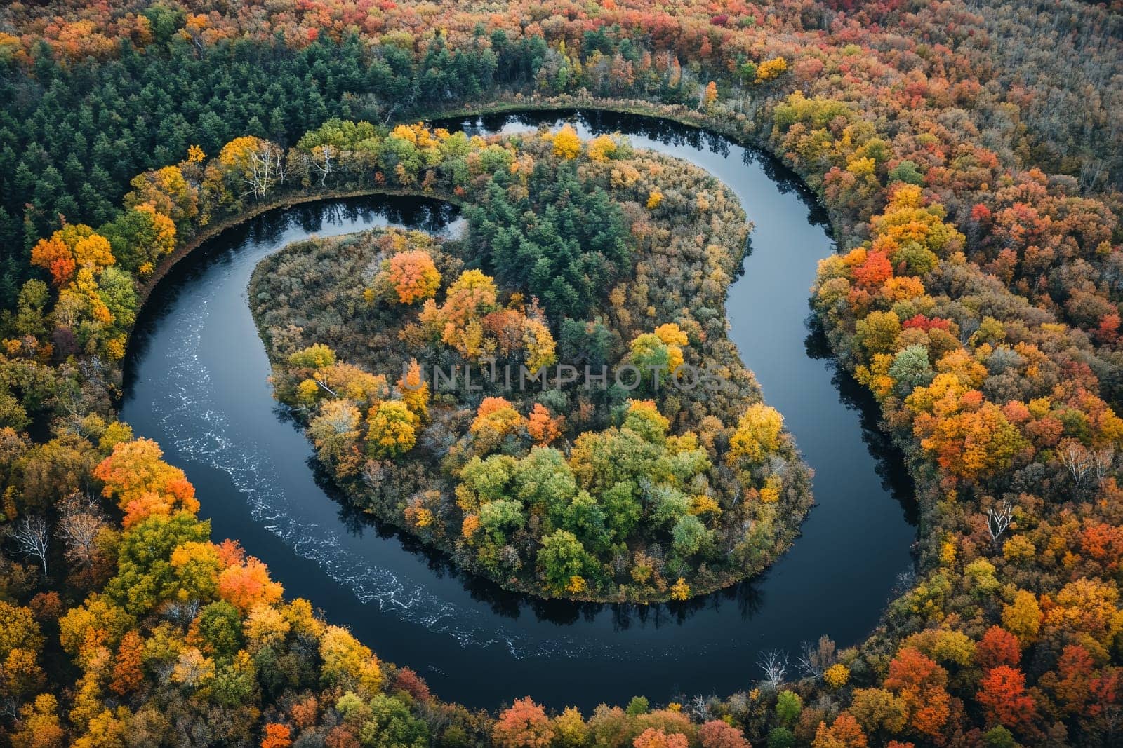 Breathtaking aerial view of a winding river surrounded by colorful autumn foliage.