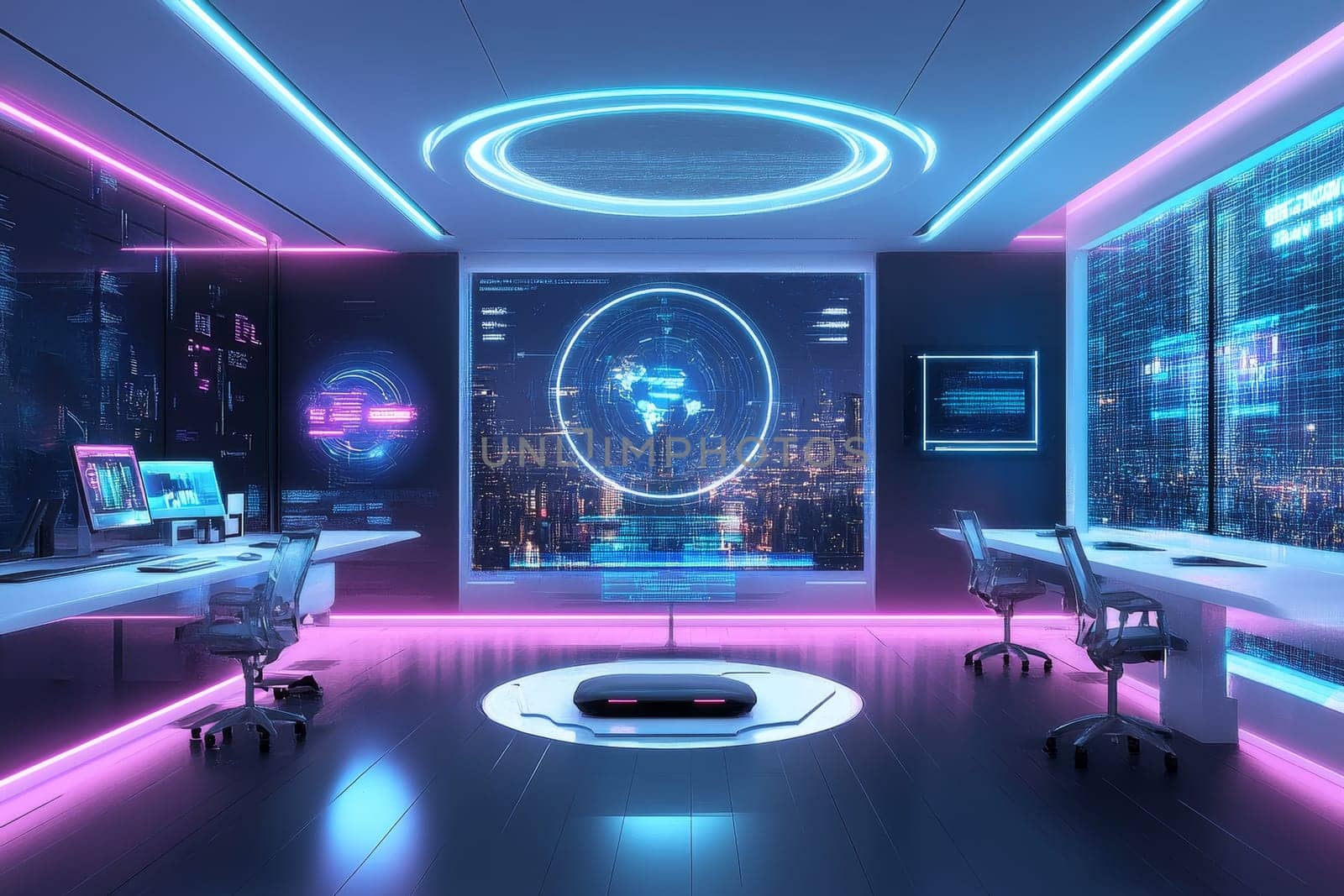 High-tech control room with holographic displays, neon lighting, and a cityscape view, showcasing advanced technology interfaces.