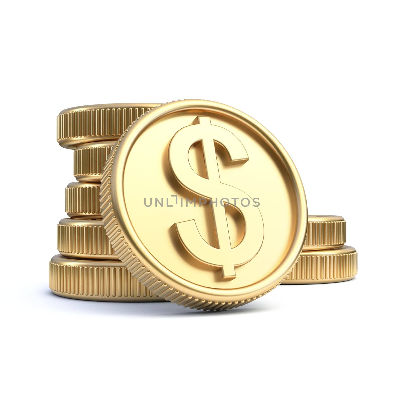Golden coins with dollar currency symbol 3D rendering illustration isolated on white background