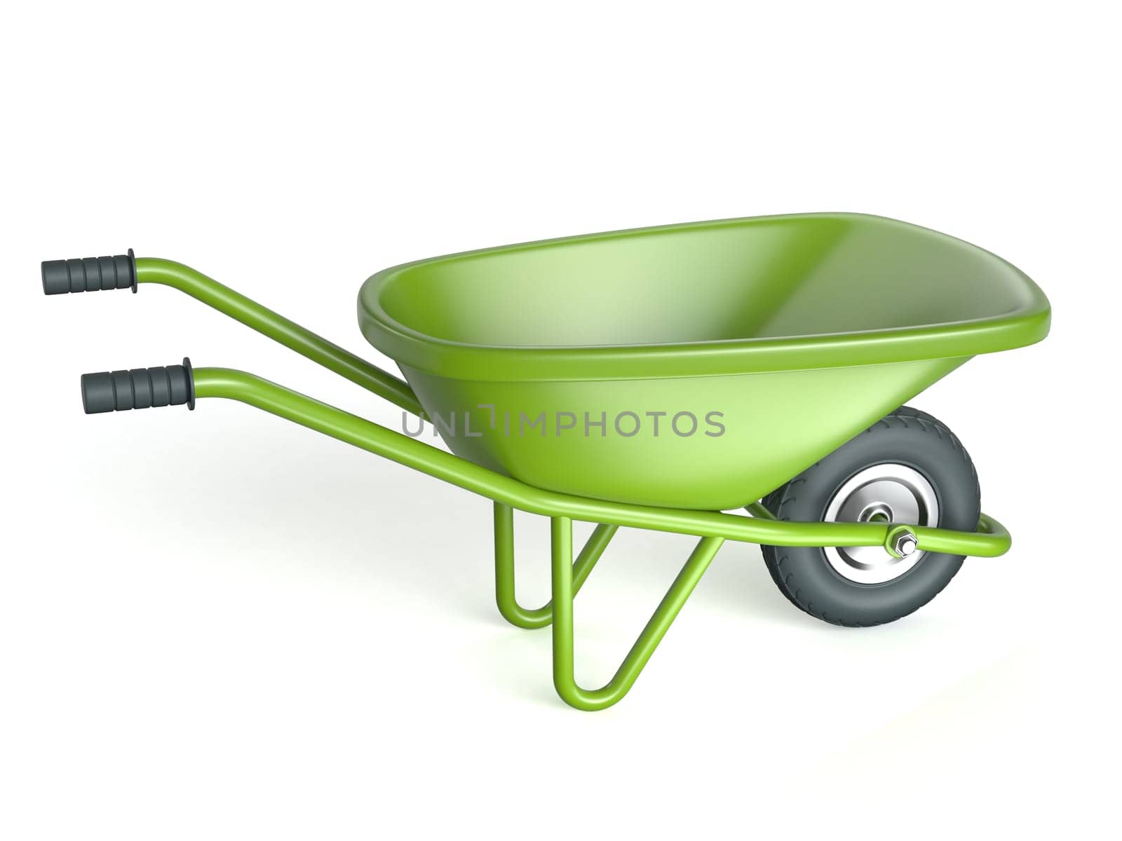 Green wheelbarrow 3D rendering illustration isolated on white background