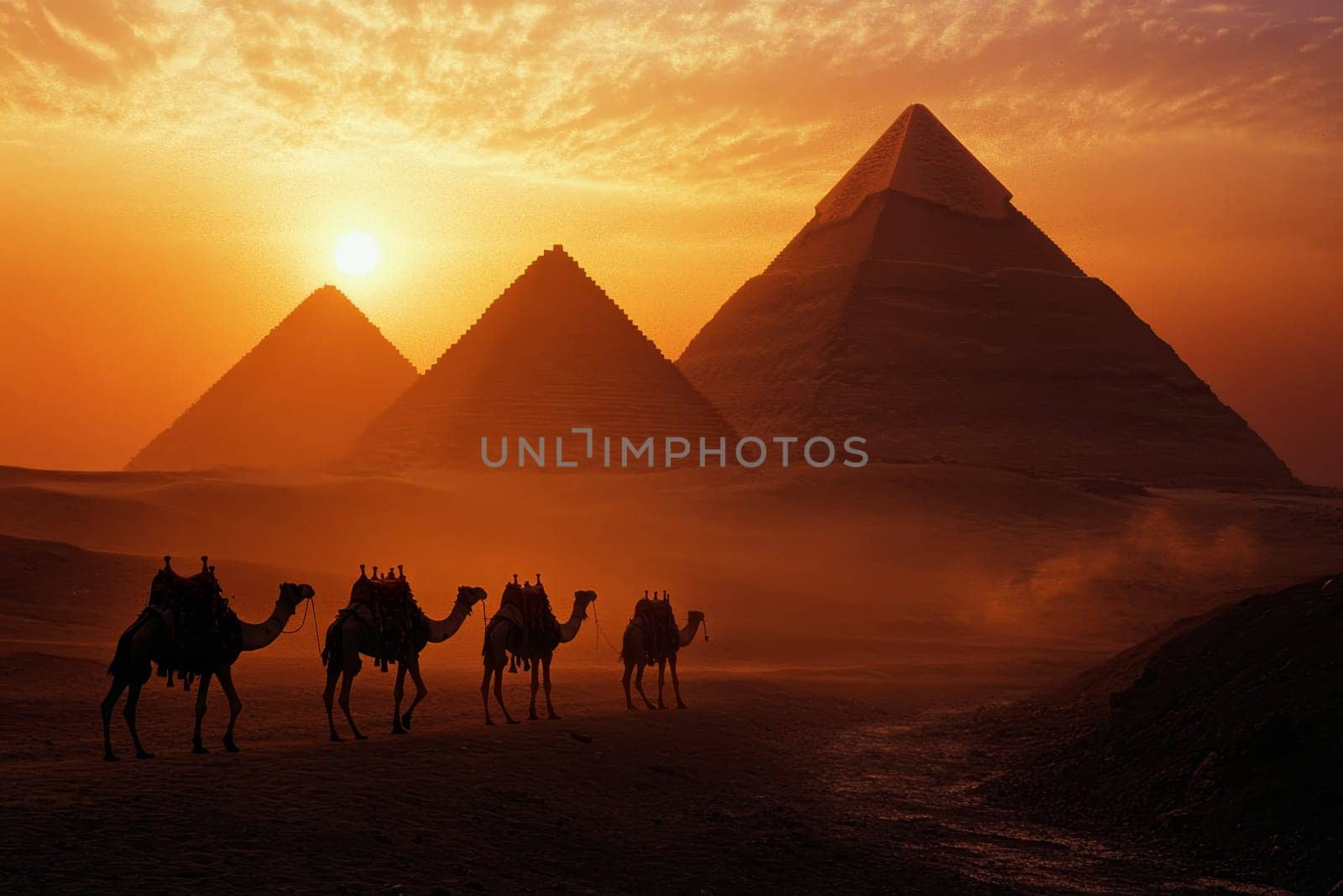 Silhouettes of camels and riders in front of the Great Pyramids of Giza during a golden sunset.