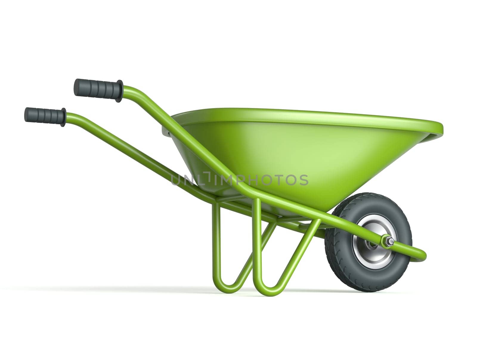 Green wheelbarrow side view 3D rendering illustration isolated on white background