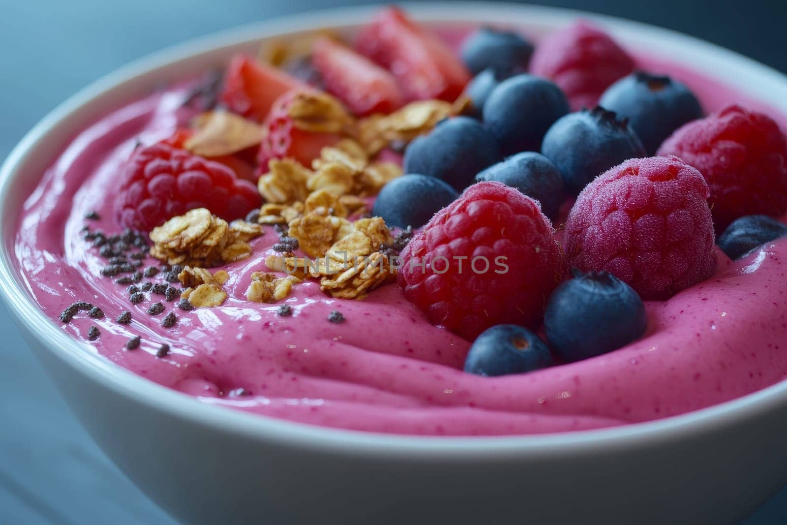 Pink smoothie topped with raspberries, blueberries, and granola.