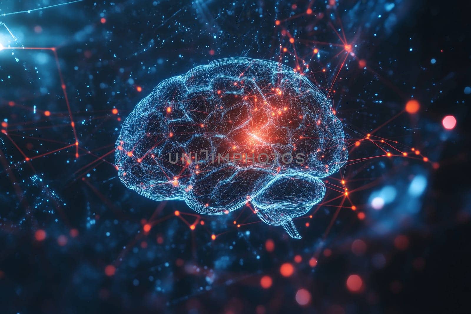 Holographic brain visualization with glowing blue connections and red energy points, representing artificial intelligence and cognitive computing.