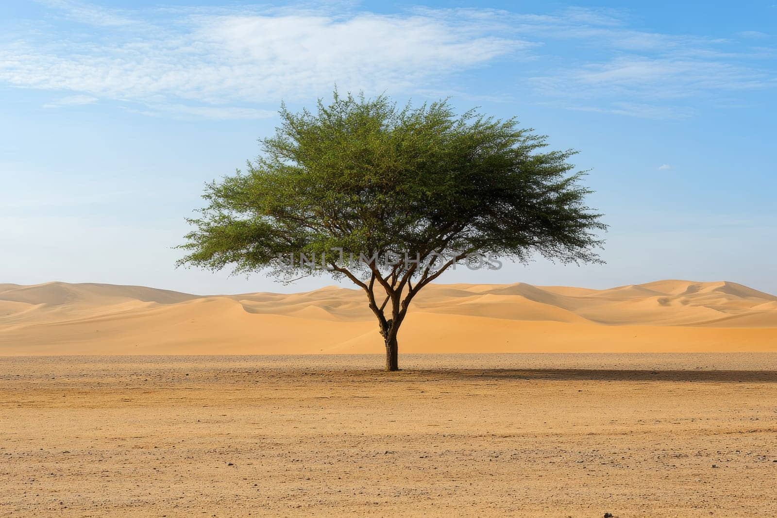 Single acacia tree with spreading canopy on flat desert plain, backed by rolling sand dunes and blue sky.