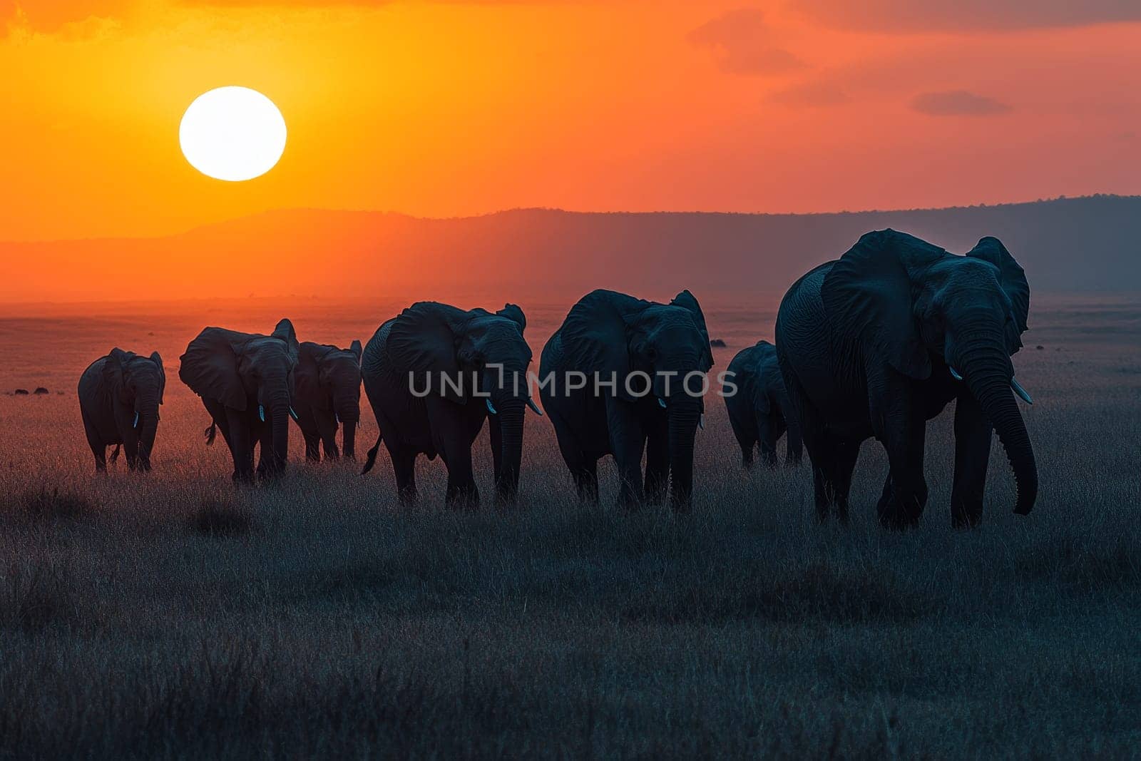 Silhouettes of an elephant herd walking across a grassy plain at dusk, with a large setting sun in the background.