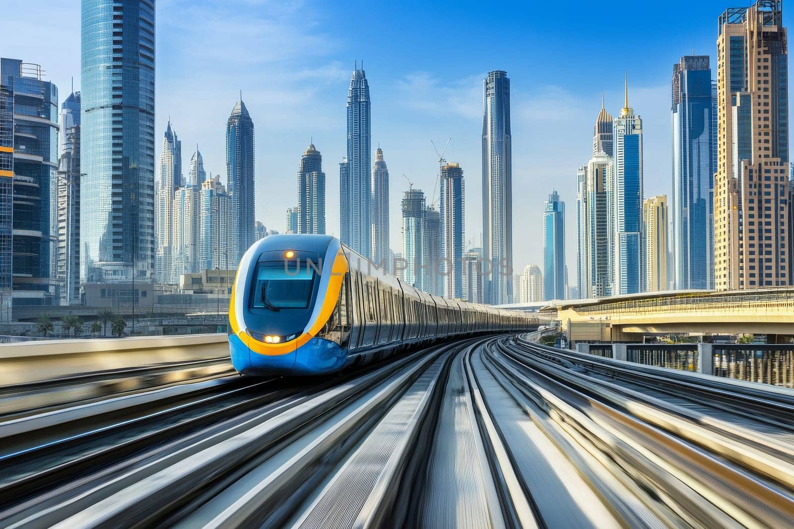 High-speed train passing through a futuristic cityscape with tall skyscrapers under a clear blue sky.