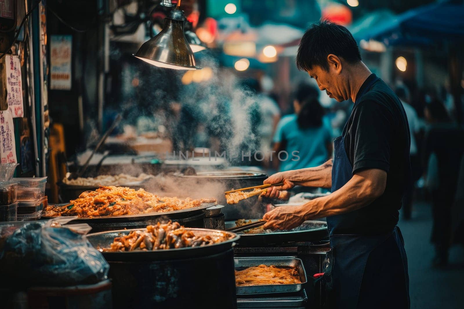 Street food vendor cooking at bustling night market, steam rising from large pans filled with colorful dishes.