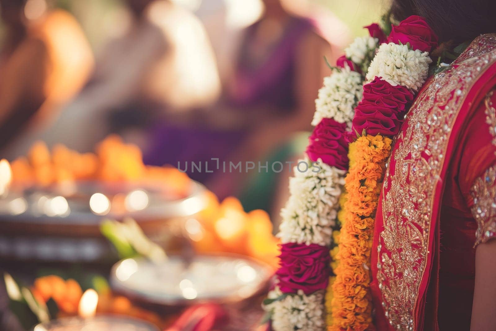 Vibrant floral garlands and traditional red and gold attire at an Indian wedding ceremony.