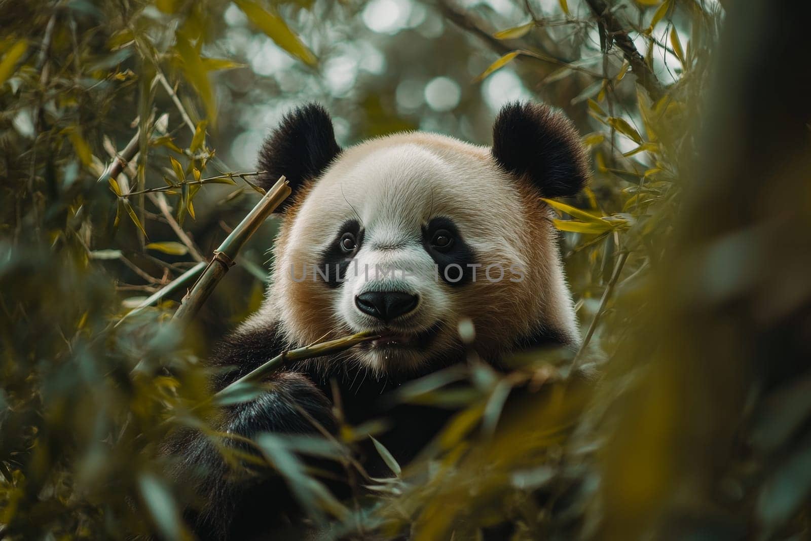 Close-up of panda's face surrounded by green bamboo leaves.