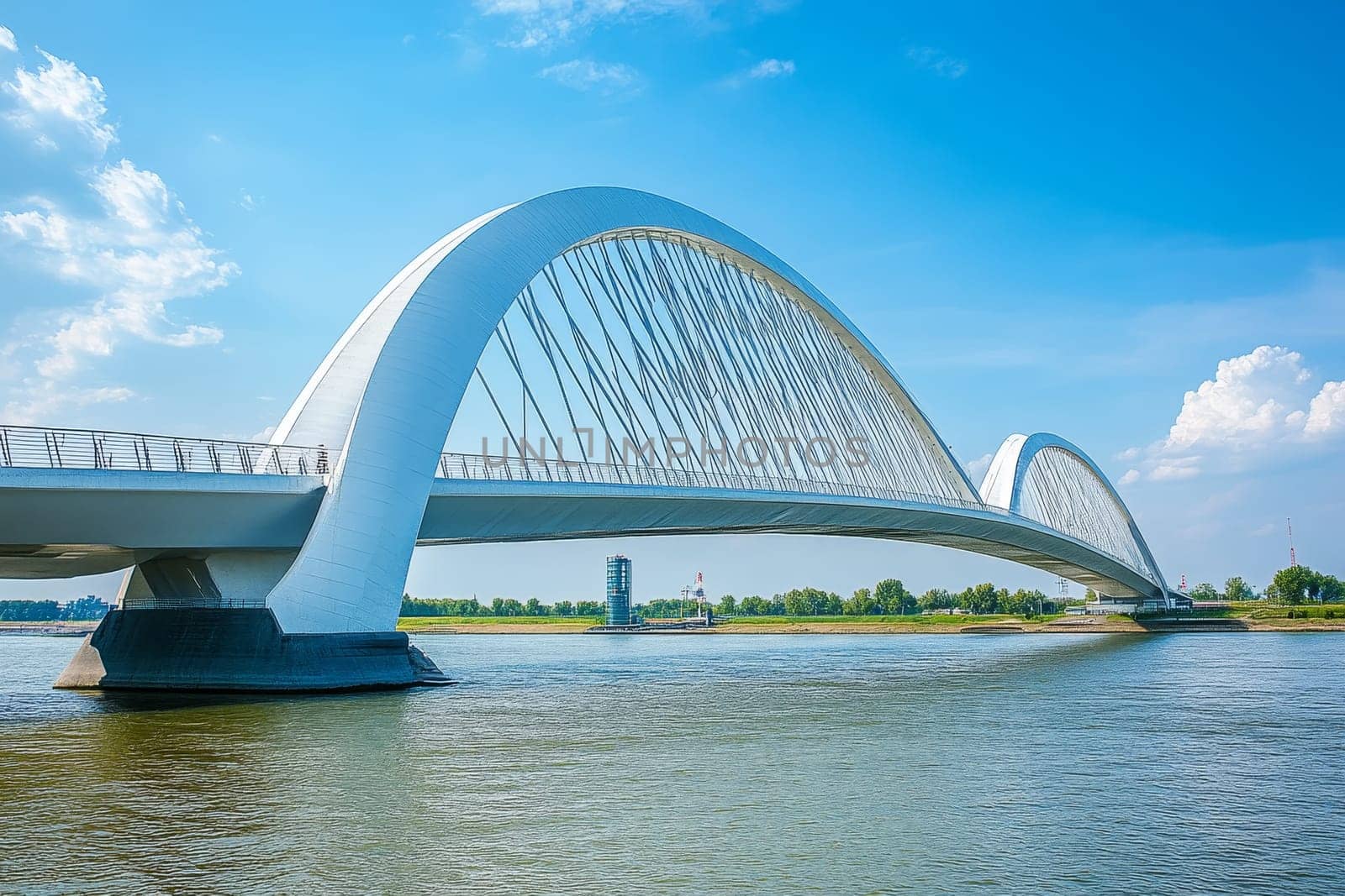Sleek white arch bridge with cable supports spanning a wide river on a sunny day.