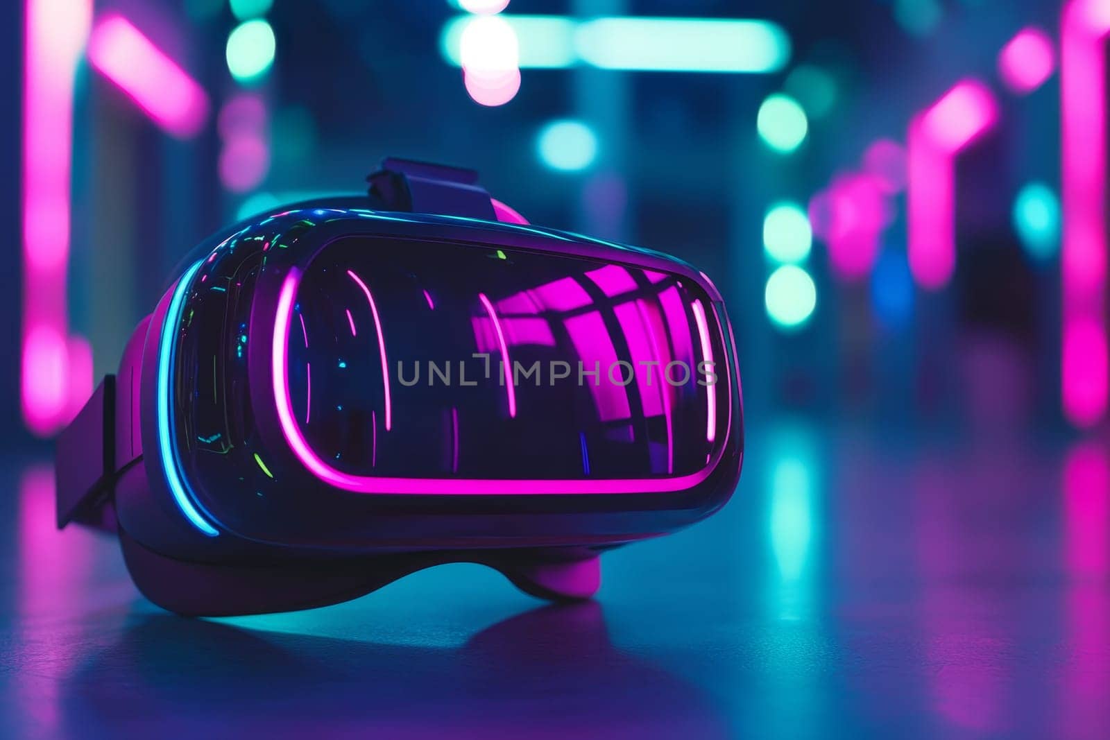 Virtual reality headset reflecting vibrant neon lights, creating a cyberpunk atmosphere.