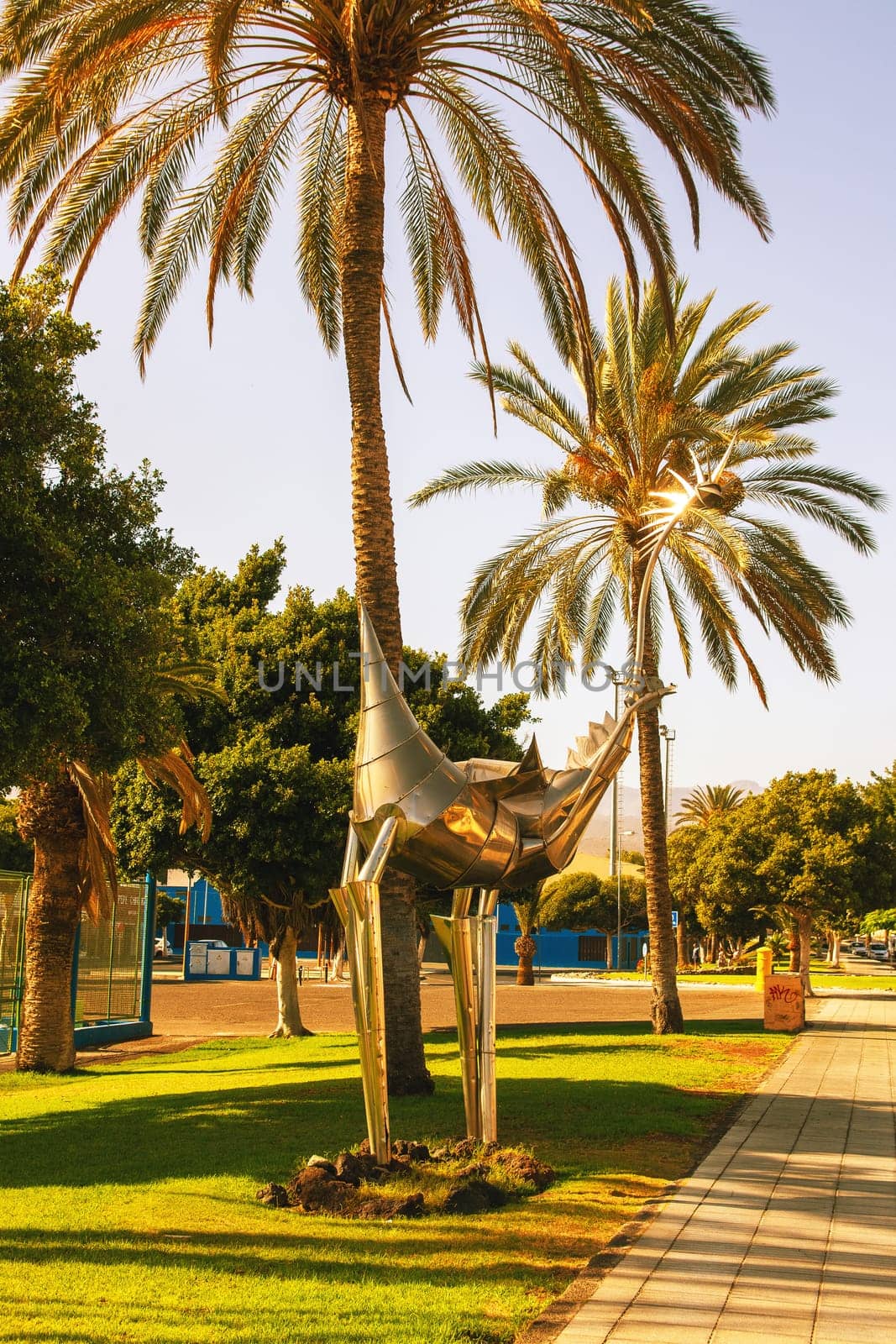 Gran Canaria, Spain, Canary Islands, Las Palmas - Jul 22, 2024. A metallic animal skulpture on a street in the near of holiday world  Gran Canaria Maspalomas.