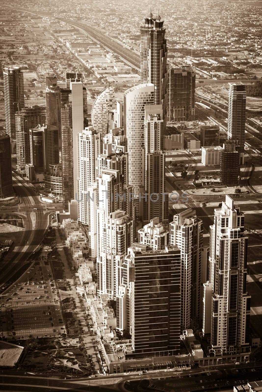 Dubai downtown morning scene. Top view from above. Sepia toned shot