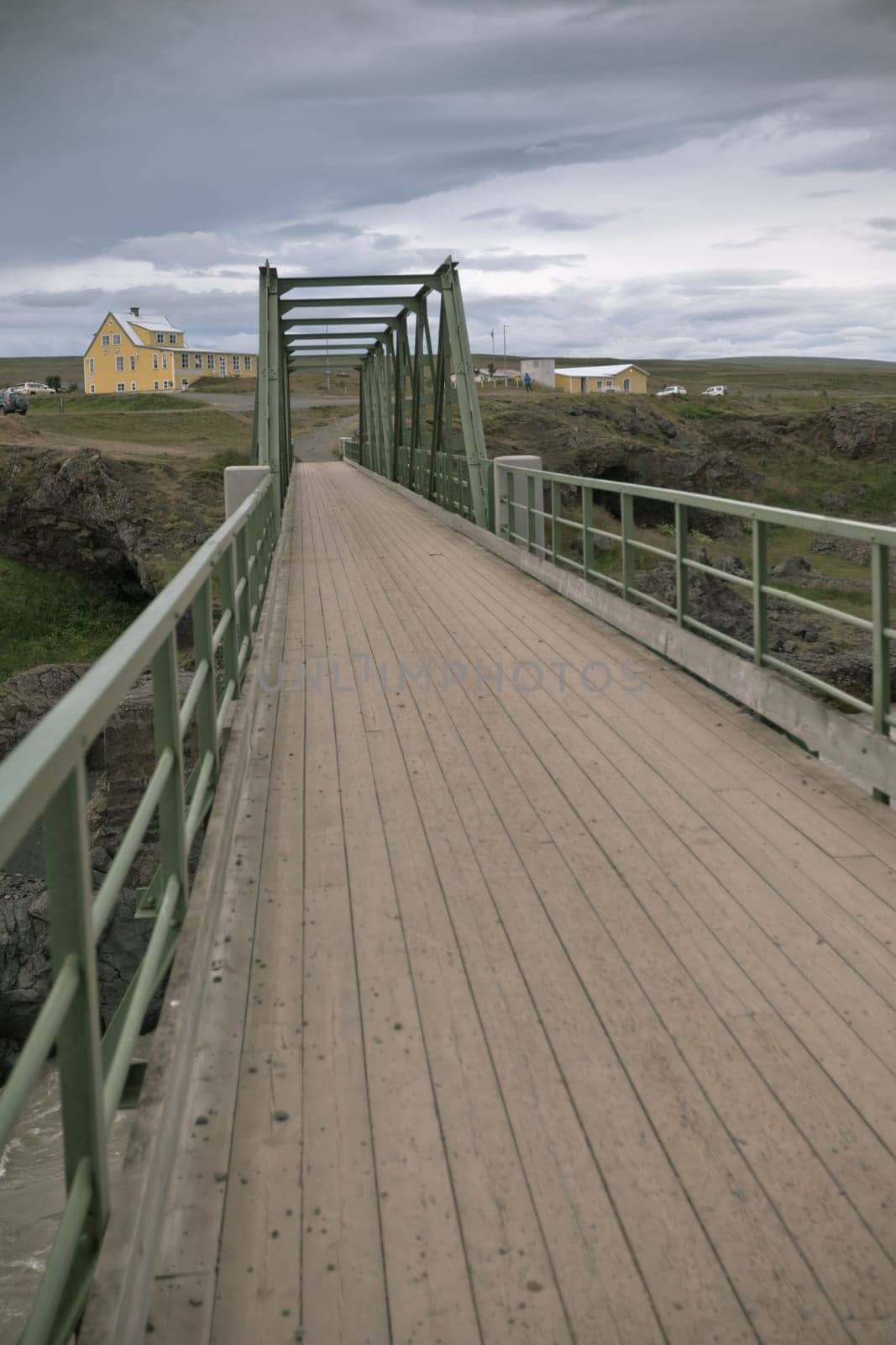 Bridge on The Skjalfandafljot river in Iceland. Overcast Gloomy Weather