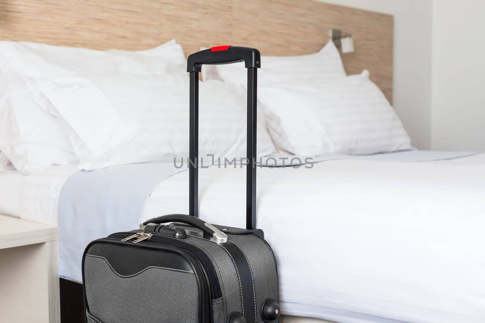 Prepared fresh bed, scene in hotel room. Horizontal shot