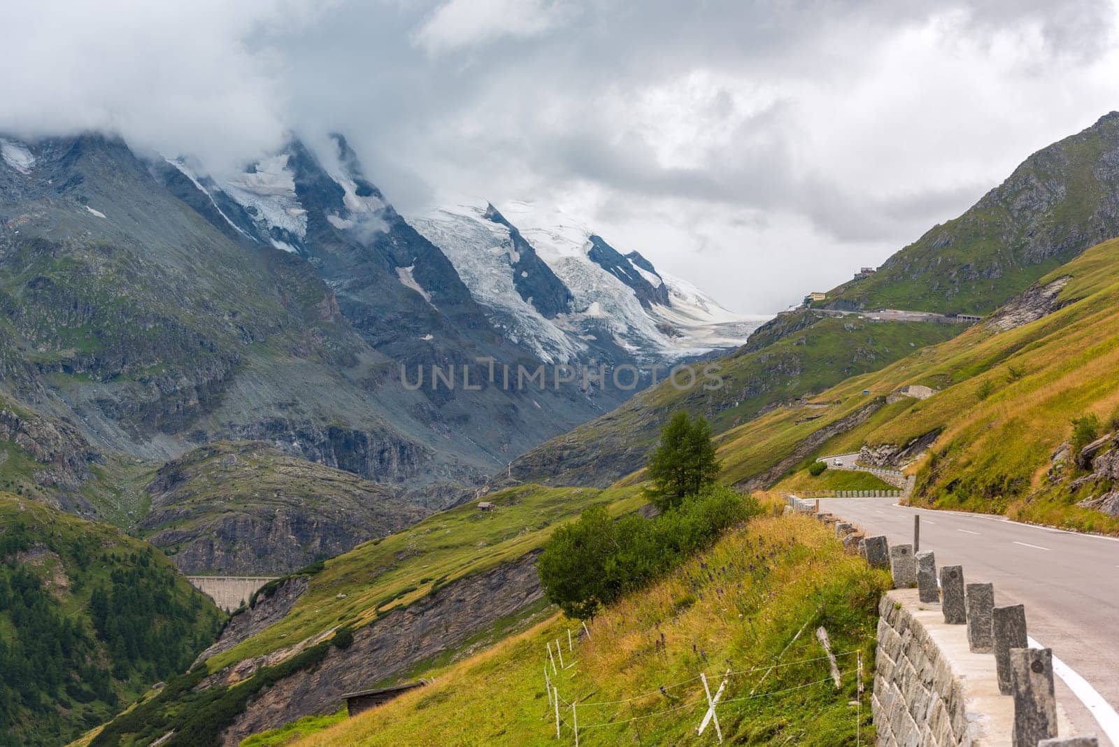 The Grossglockner high Alpine road in overcast foggy weather