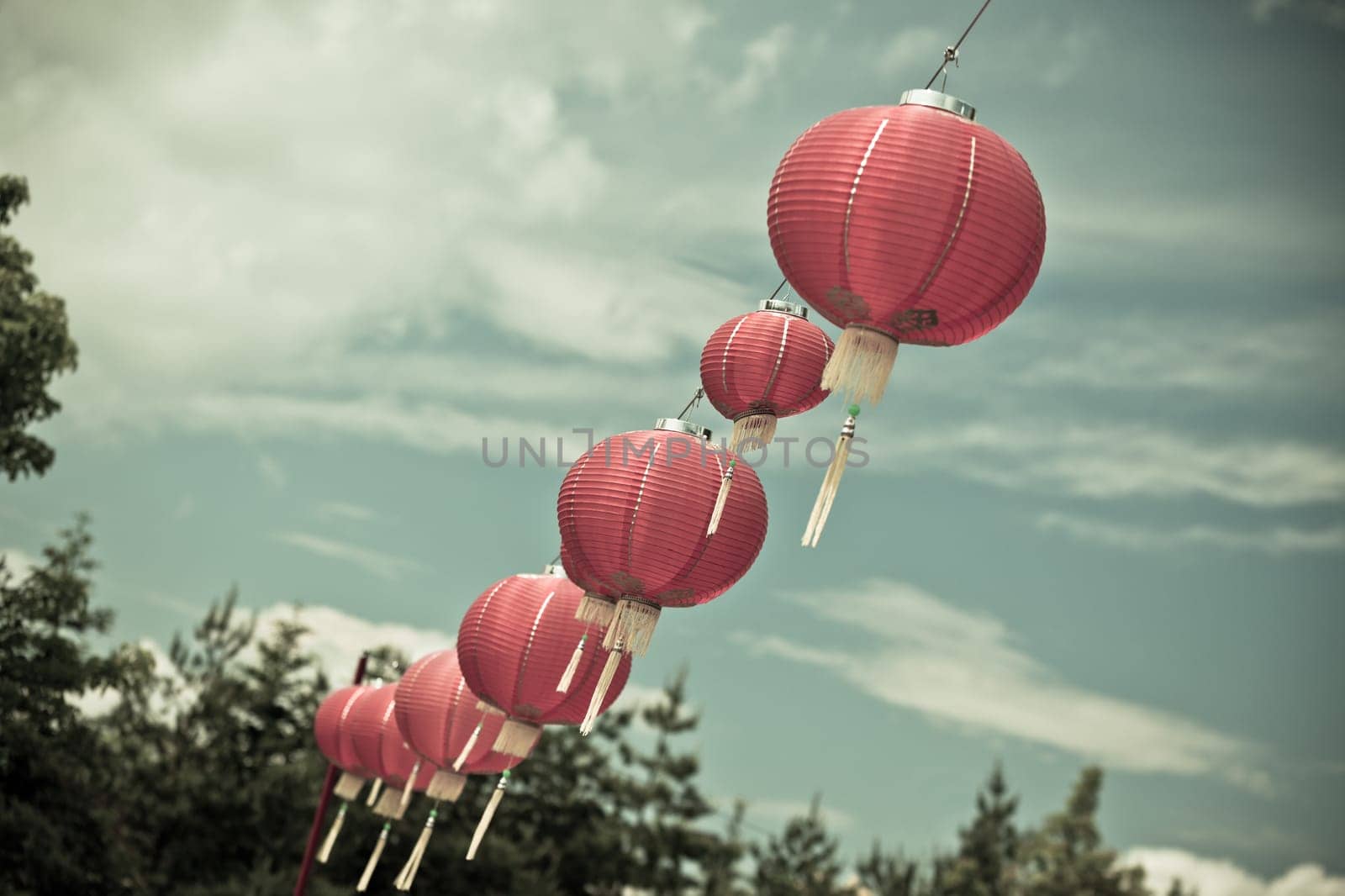 Red Chinese Paper Lanterns. Horizontal filtered shot