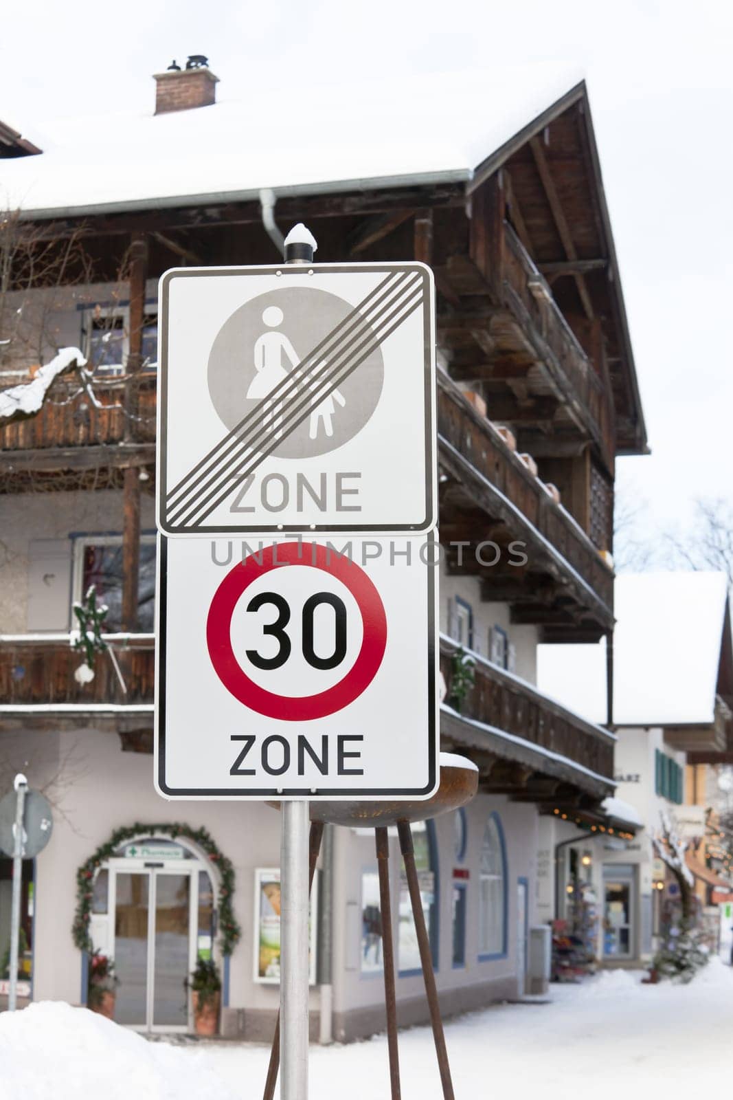 Speed limit road sign in a town. vertical shot
