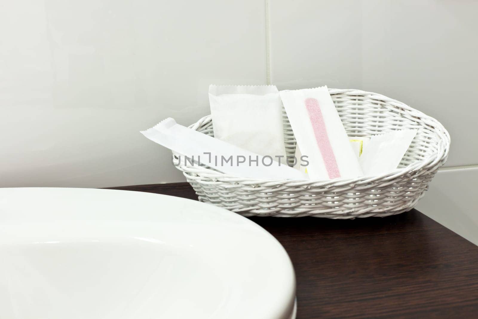 Toiletries in hotel bathroom. Horizontal shot