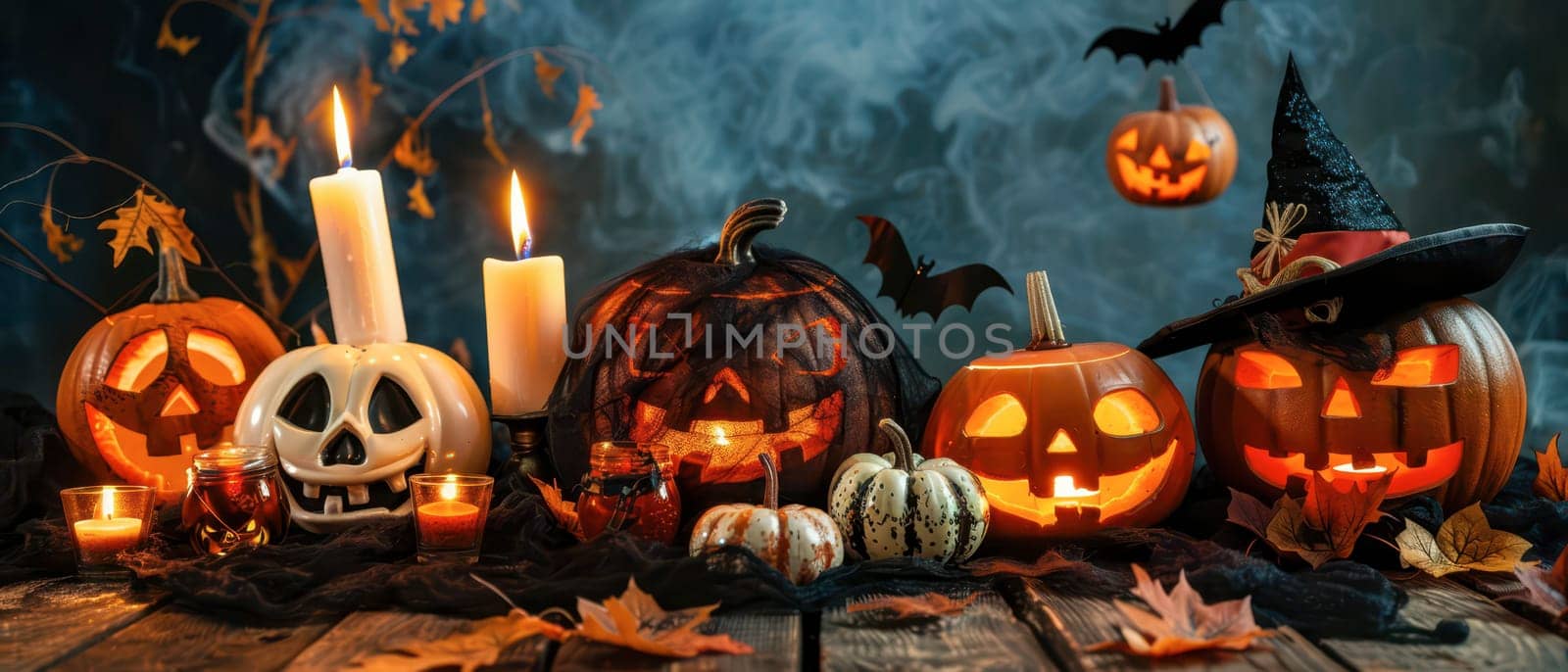 A variety of carved pumpkins are arranged with candles and autumn leaves in a dimly lit setting, creating a festive Halloween atmosphere.