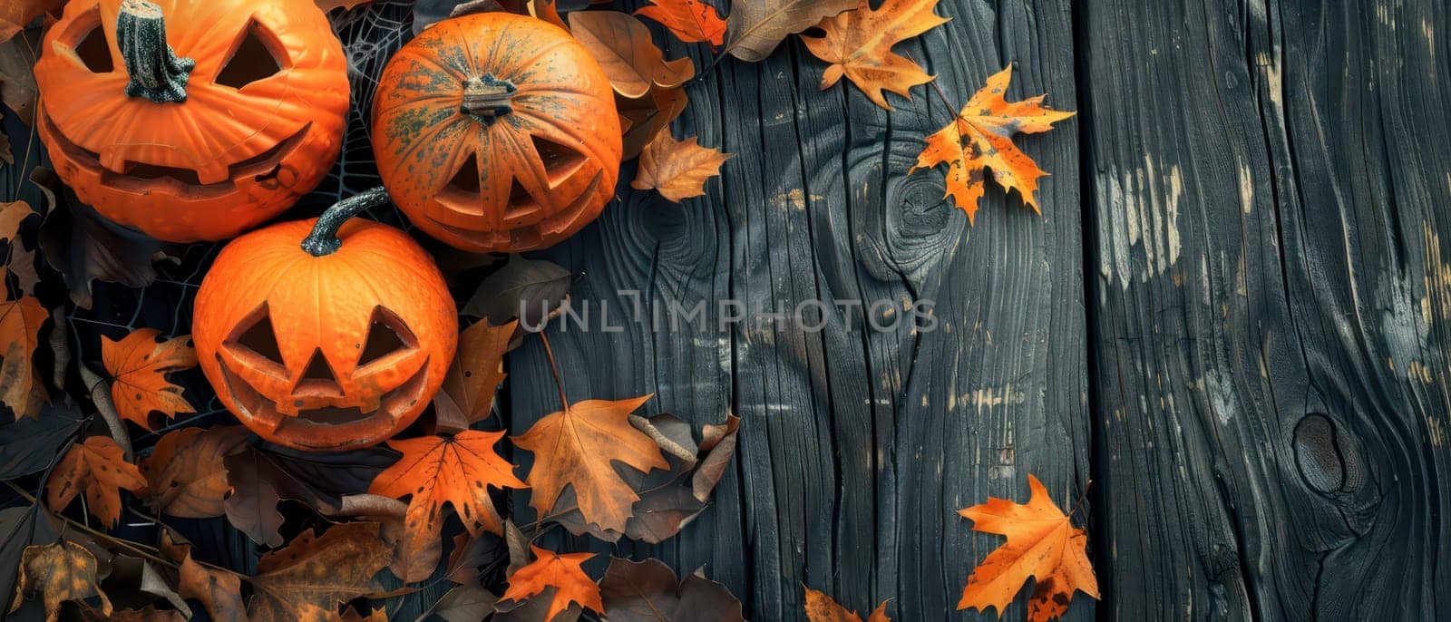 Carved pumpkins with funny and spooky faces sit atop a wooden table scattered with vibrant autumn leaves.