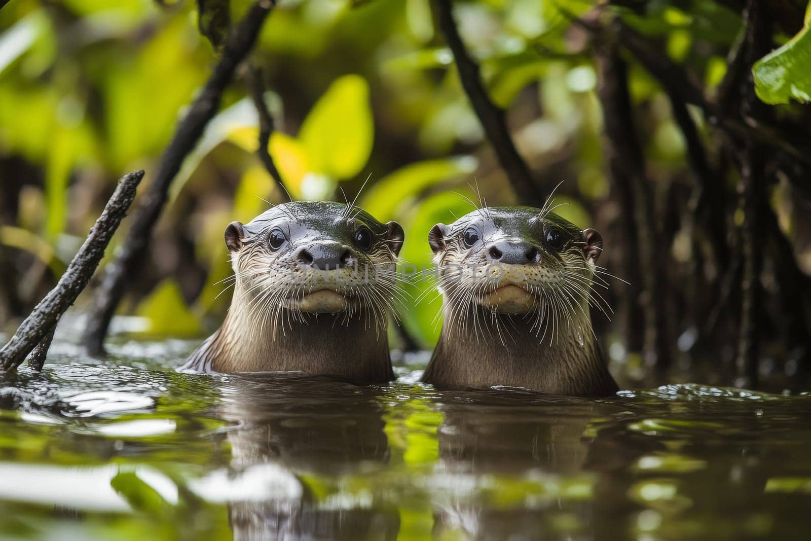 Two alert river otters emerge from green waters, surrounded by lush tropical vegetation in their natural habitat.