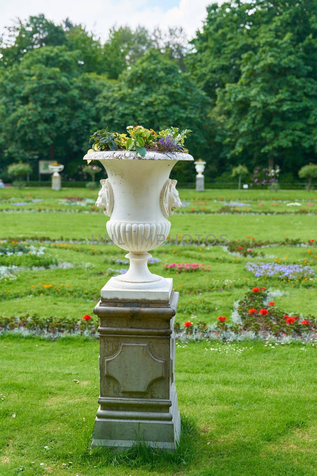 Planter as decoration on a meadow in a well-kept public park in Cologne