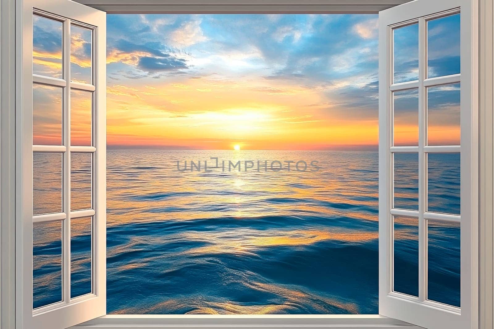 View from a room at sea during sunset through an open window. AI generated