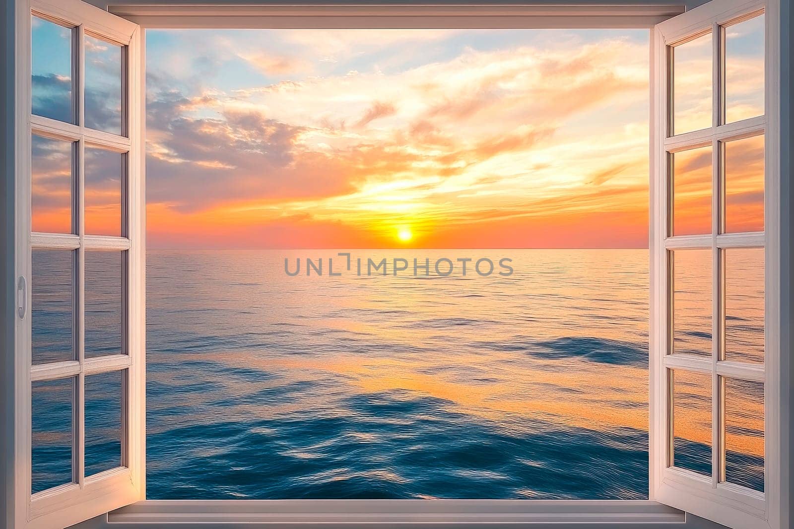 An open window on a sea panorama on sunset. AI generated
