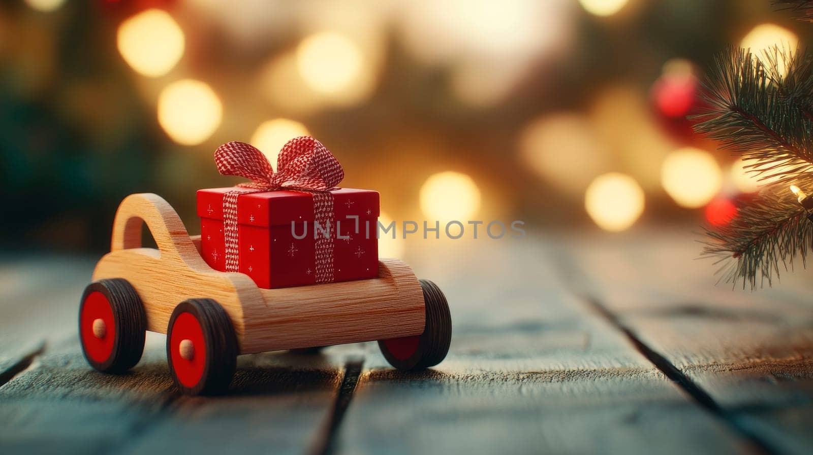 A small wooden car carries a red gift box. Holiday greeting card. AI generated