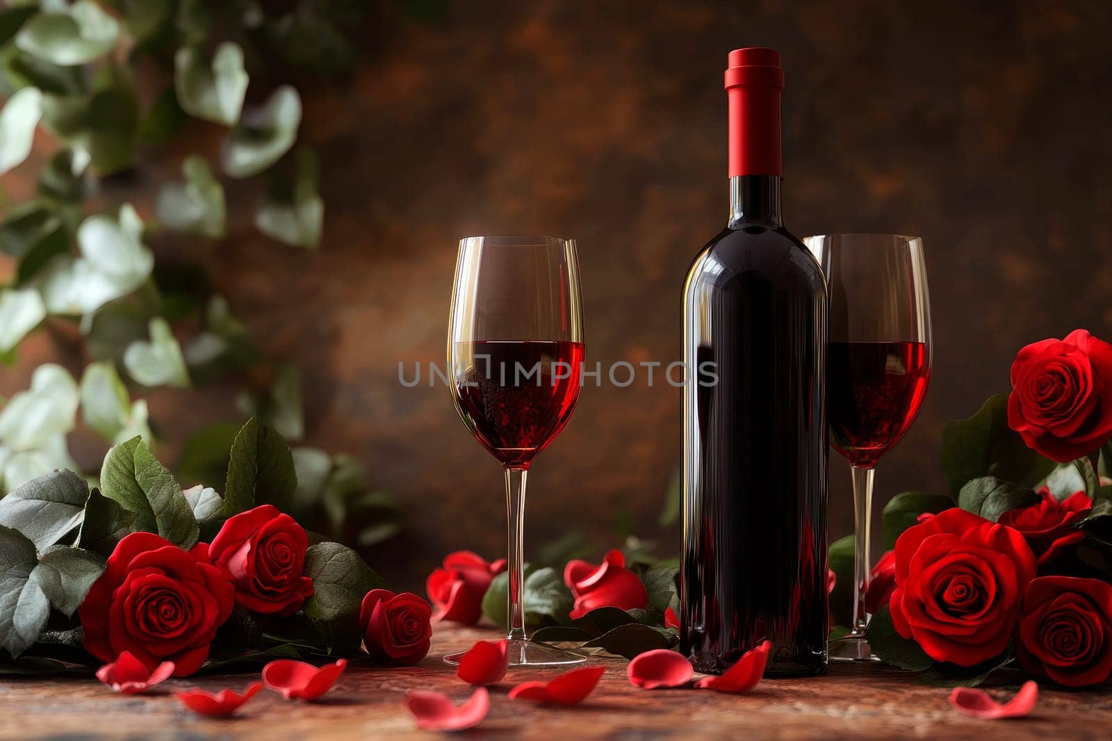Bottle of wine, glasses and red rose flowers on a table. Valentine Day celebration. AI generated