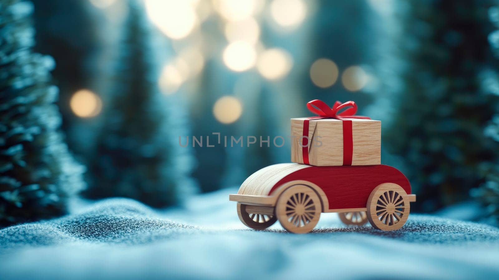 A small wooden car carries a single gift box. Holiday greeting card. AI generated