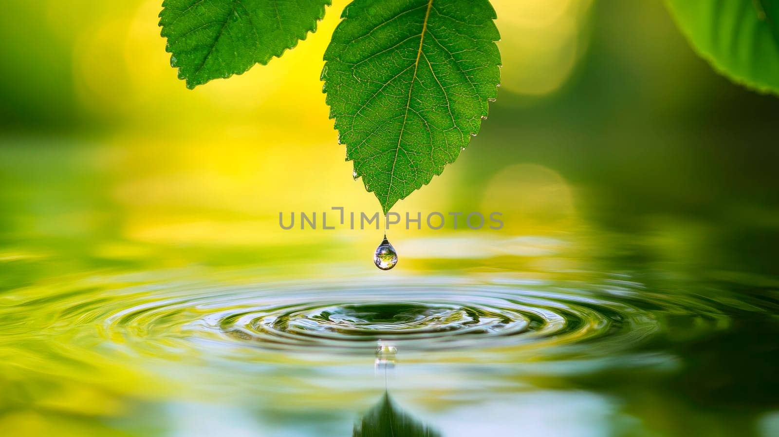 A droplet is falling from the green leaf, creating ripples on water  surface. Beauty and serenity of the nature, highlighting environmental care,sustainability. AI generated