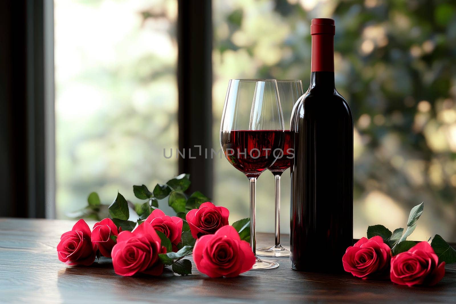 Bottle of wine, rose flowers and glasses on a table. Valentine Day celebration. AI generated