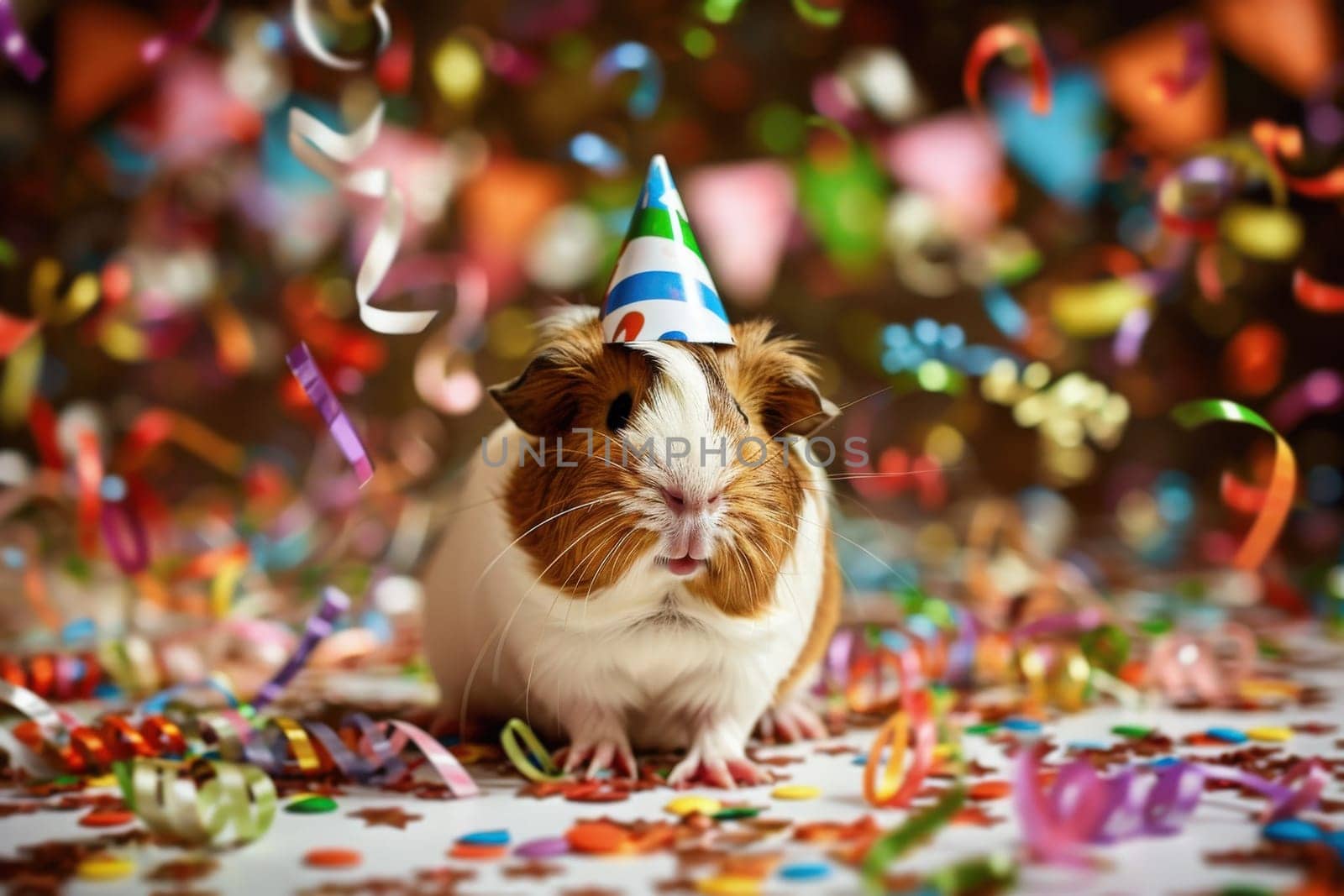 Festive decorations and confetti surround a cute guinea pig in a party hat, enjoying its birthday celebration with joy and excitement.