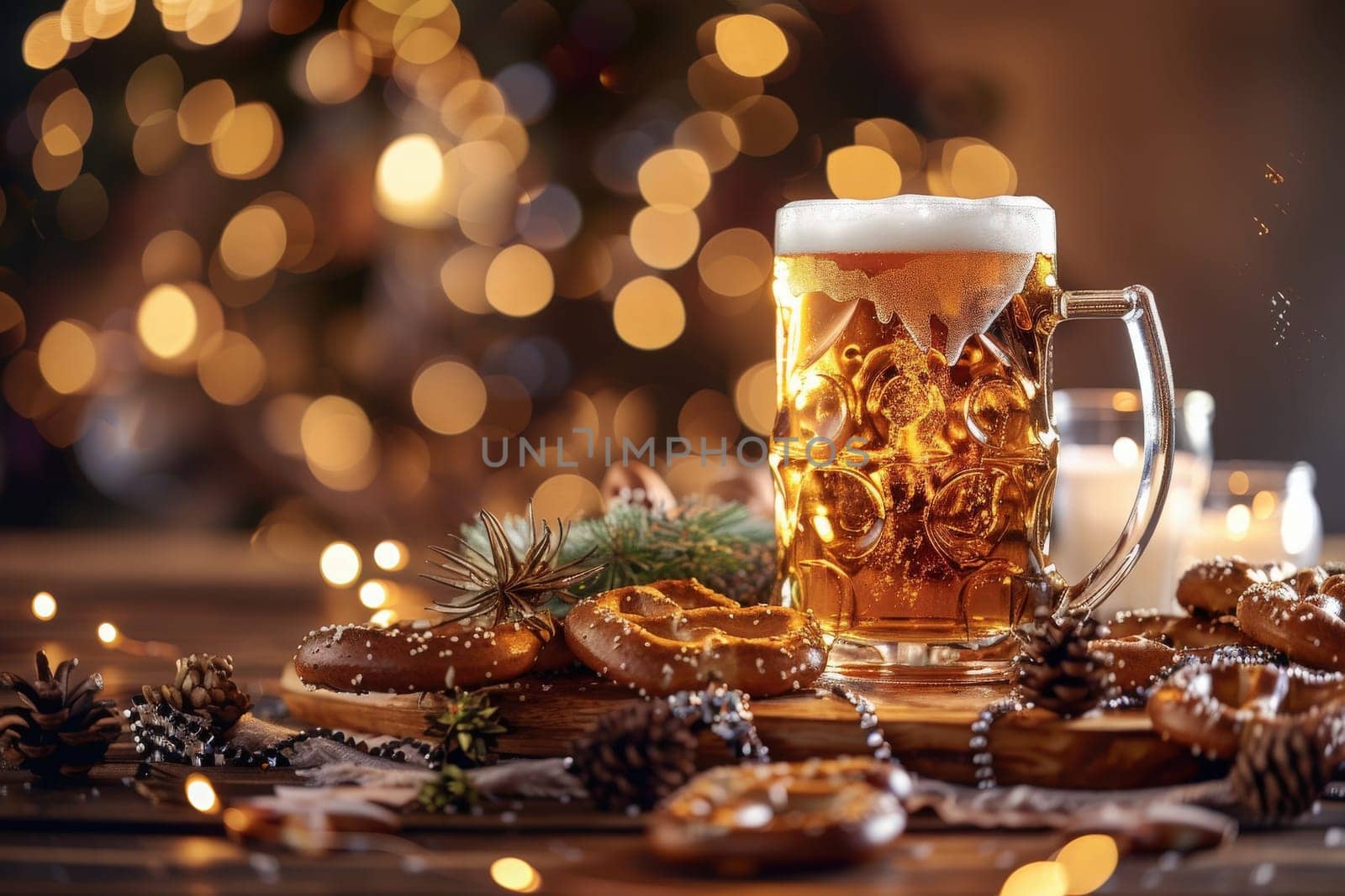 Beer mugs gleam amidst a festive display of pretzels and pinecones, illuminated by twinkling lights, capturing the spirit of Oktoberfest.