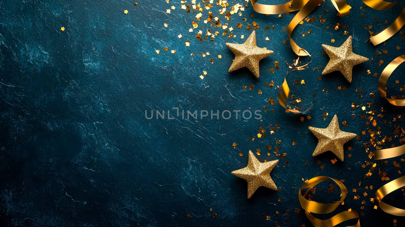 Golden sparkling stars, golden ribbons and sparkling confetti on a dark blue stone background, flat lay,copy space . AI generated