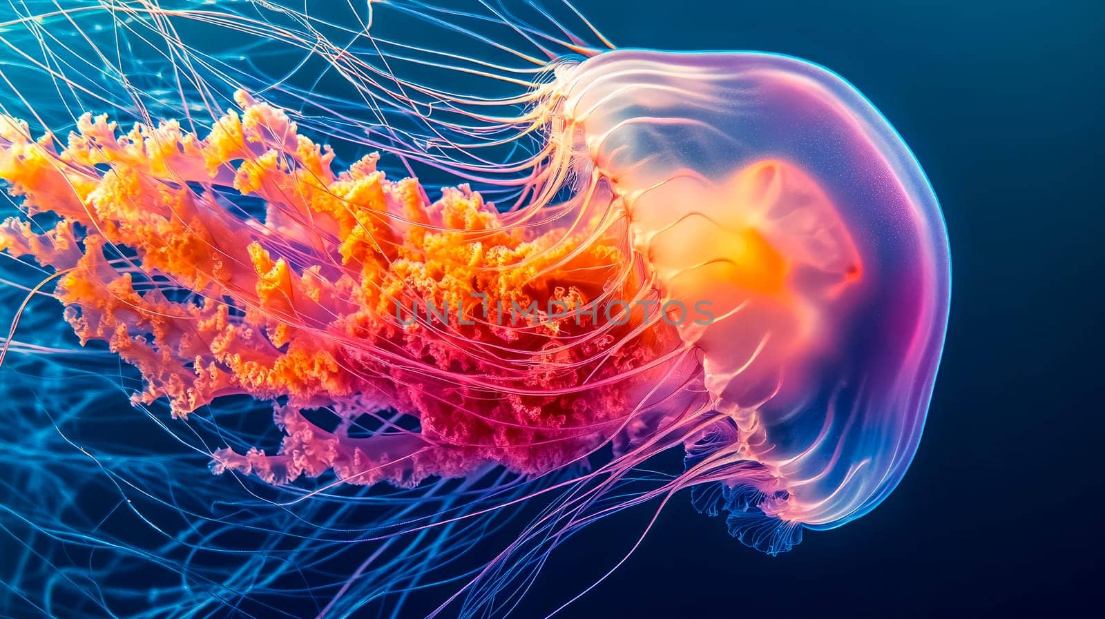 Glowing jellyfish swim deep in blue sea. AI generated