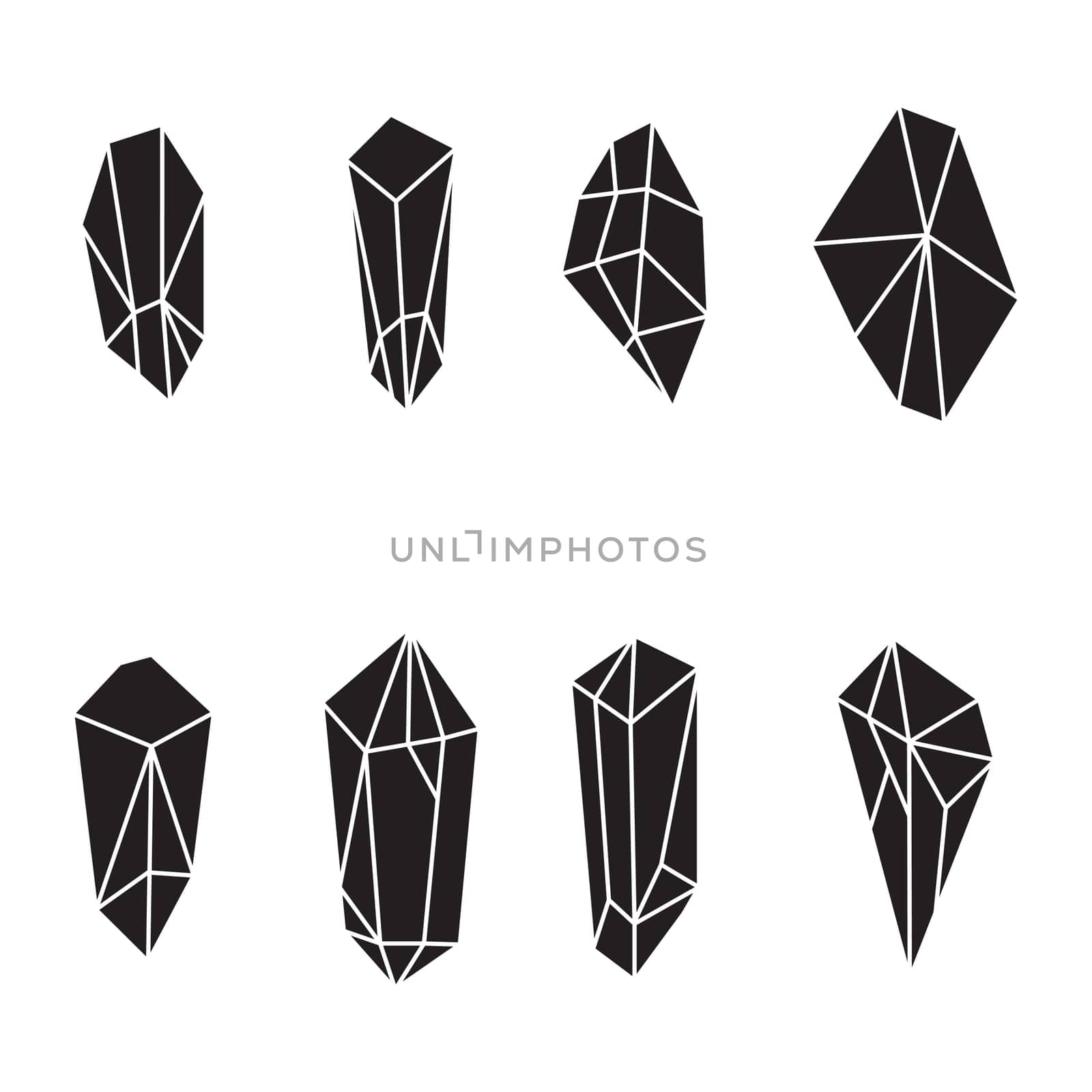 Crystal silhouette icons Sign kit of gemstone. Mineral pictogram collection includes emerald