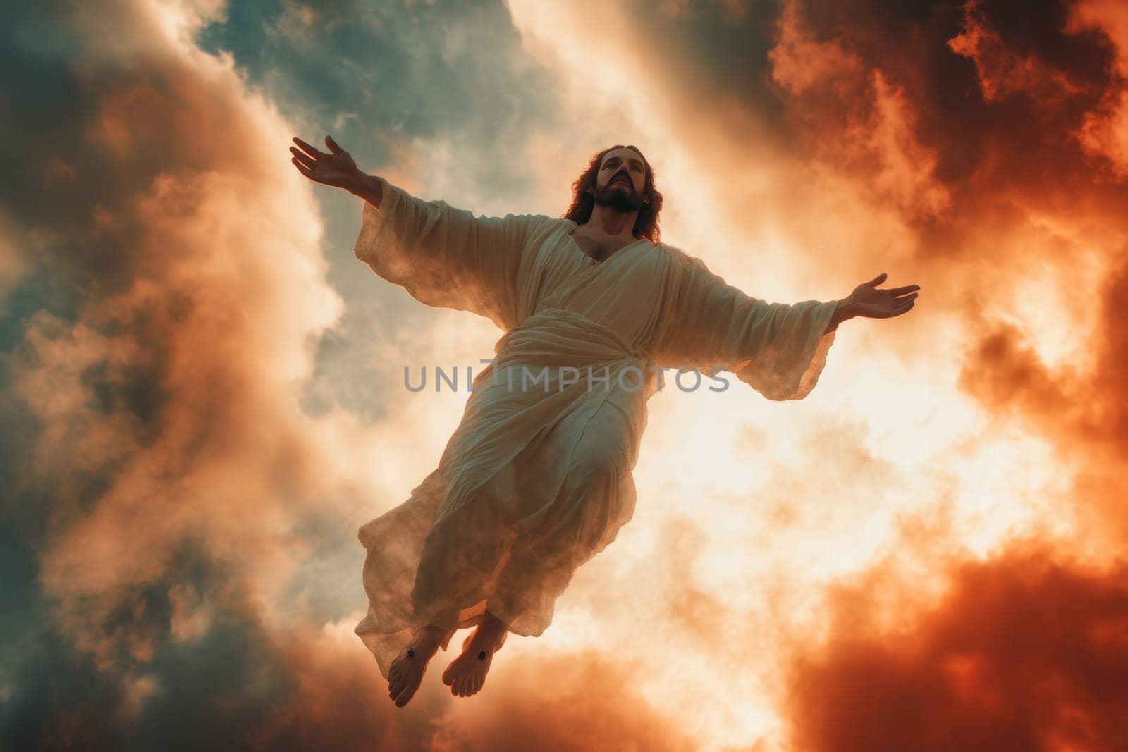 Robed figure of Jesus Christ with outstretched arms ascending through a mix of fiery and blue clouds in a dramatic sky.