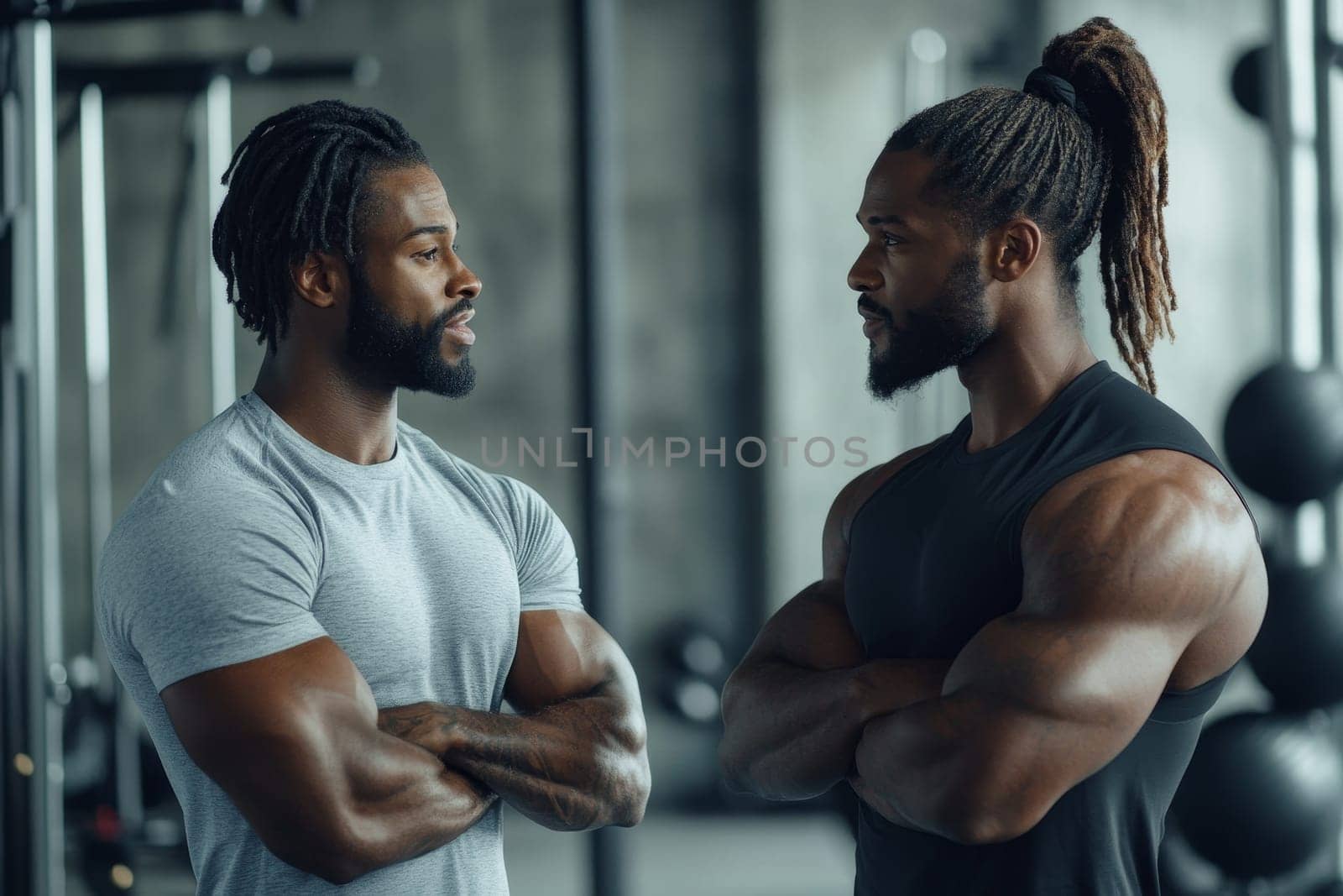 Two muscular men with dreadlocks and beards engaged in serious conversation at a gym.