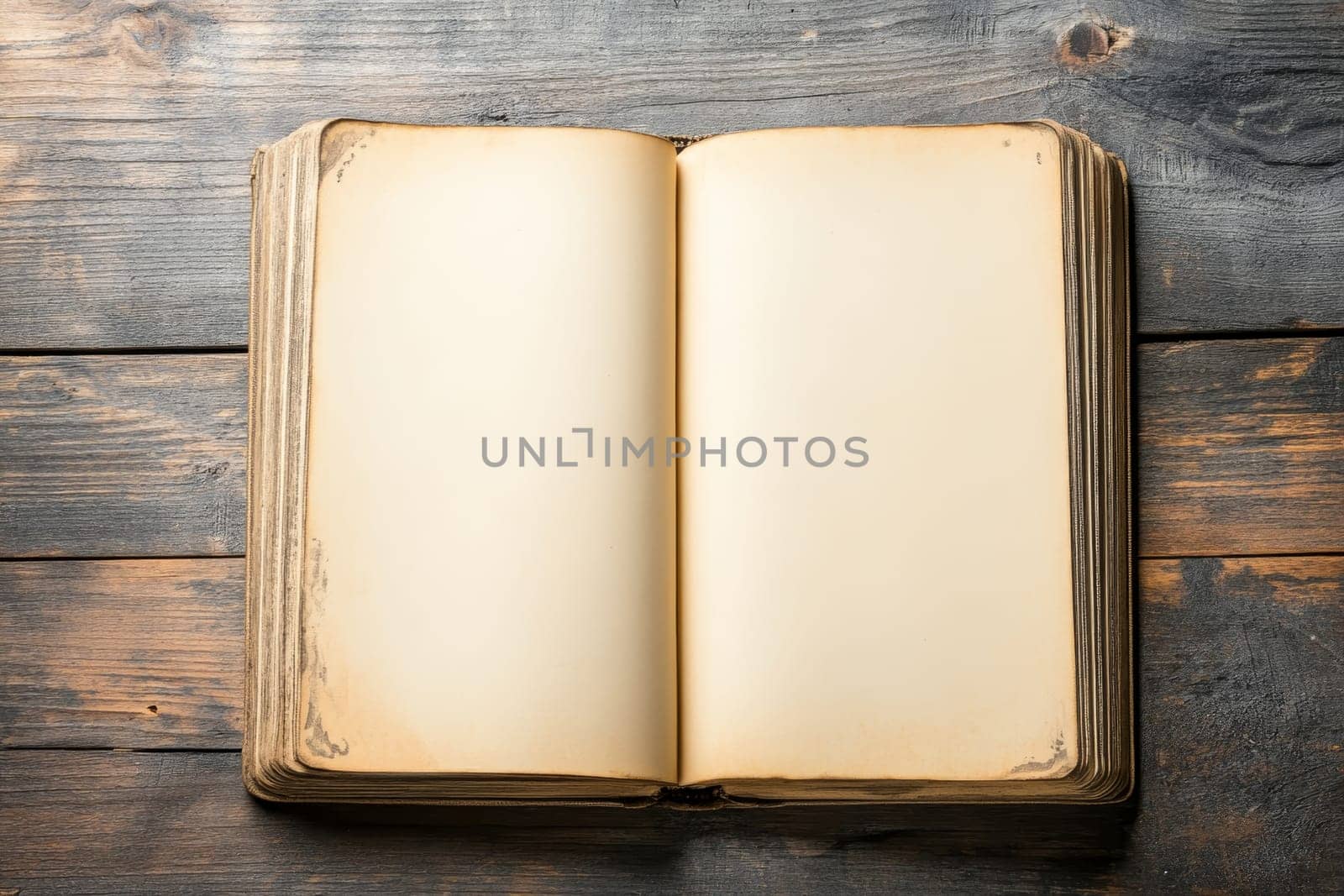 An old, worn book with yellowed pages open on a rustic wooden plank surface, evoking nostalgia and history.