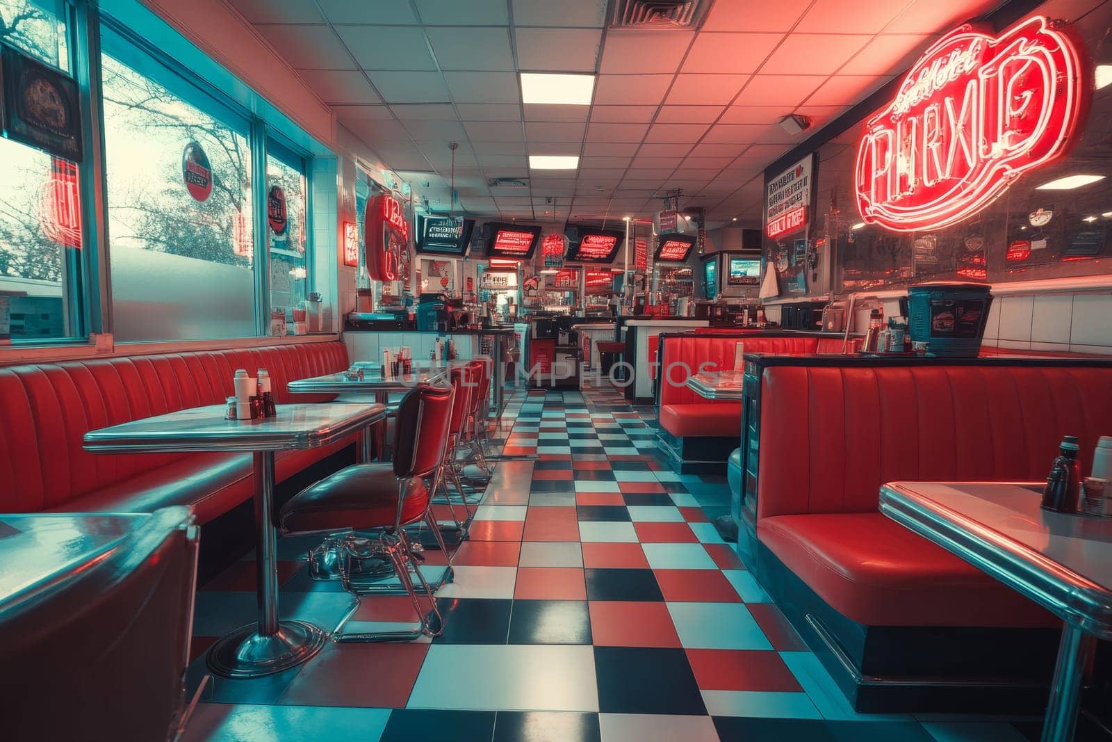Vibrant retro diner with red booths, checkered floor, and neon signs, capturing the essence of 1950s Americana.