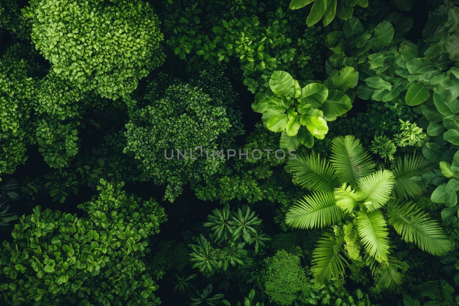 Aerial view of diverse tropical plants creating a lush green canopy with varied leaf textures and shapes.