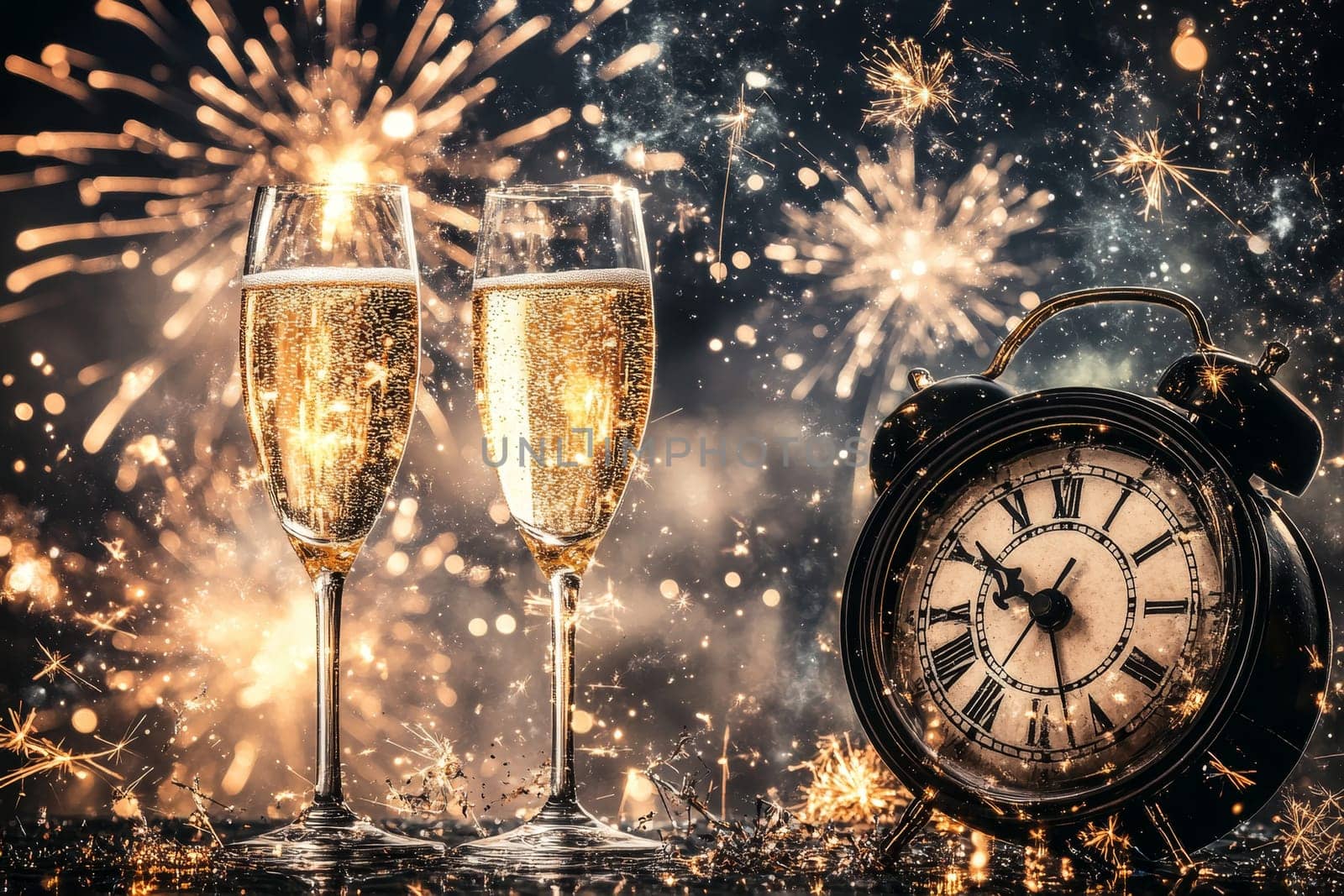 Champagne flutes and clock nearing midnight with spectacular fireworks display in background.