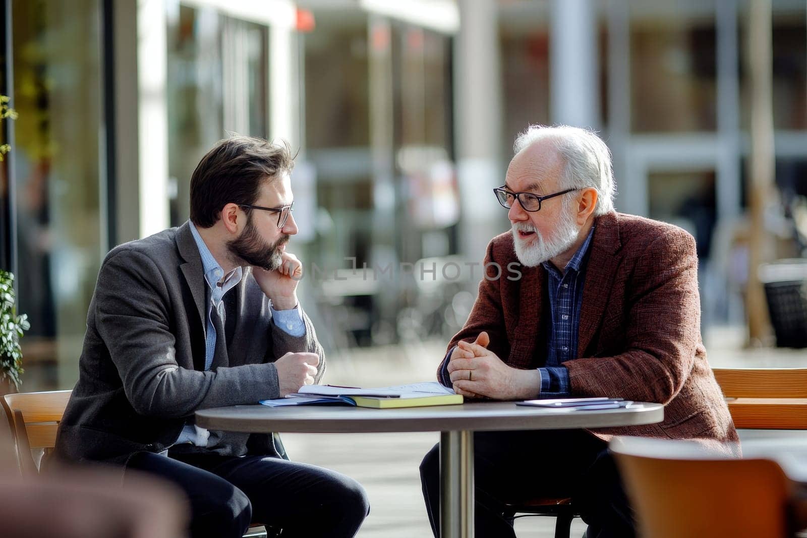 Two businessmen of different ages engaged in a serious discussion at an outdoor cafe table.