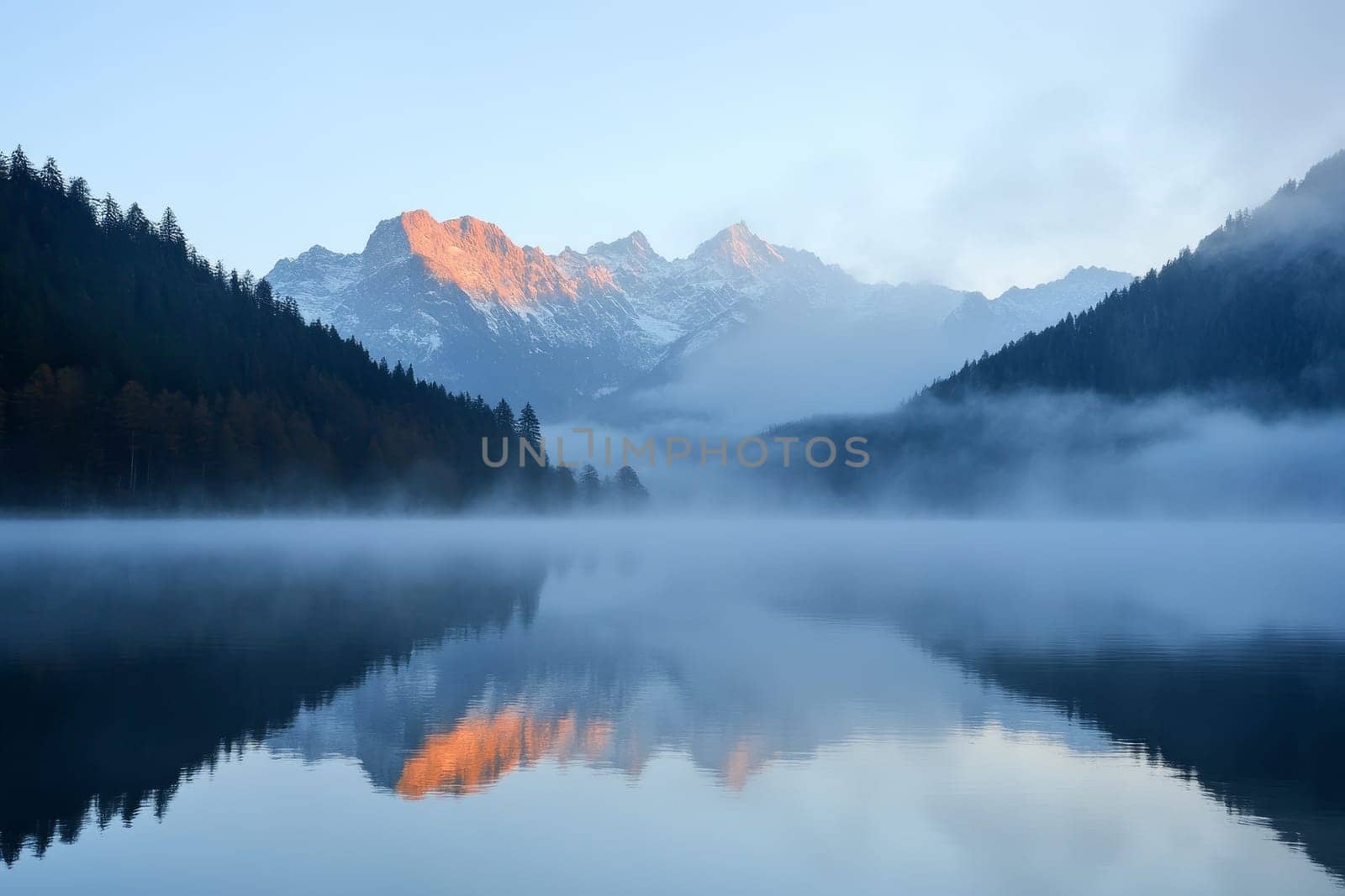 Tranquil alpine lake surrounded by fog-shrouded forests and snow-capped mountain peaks at dawn.