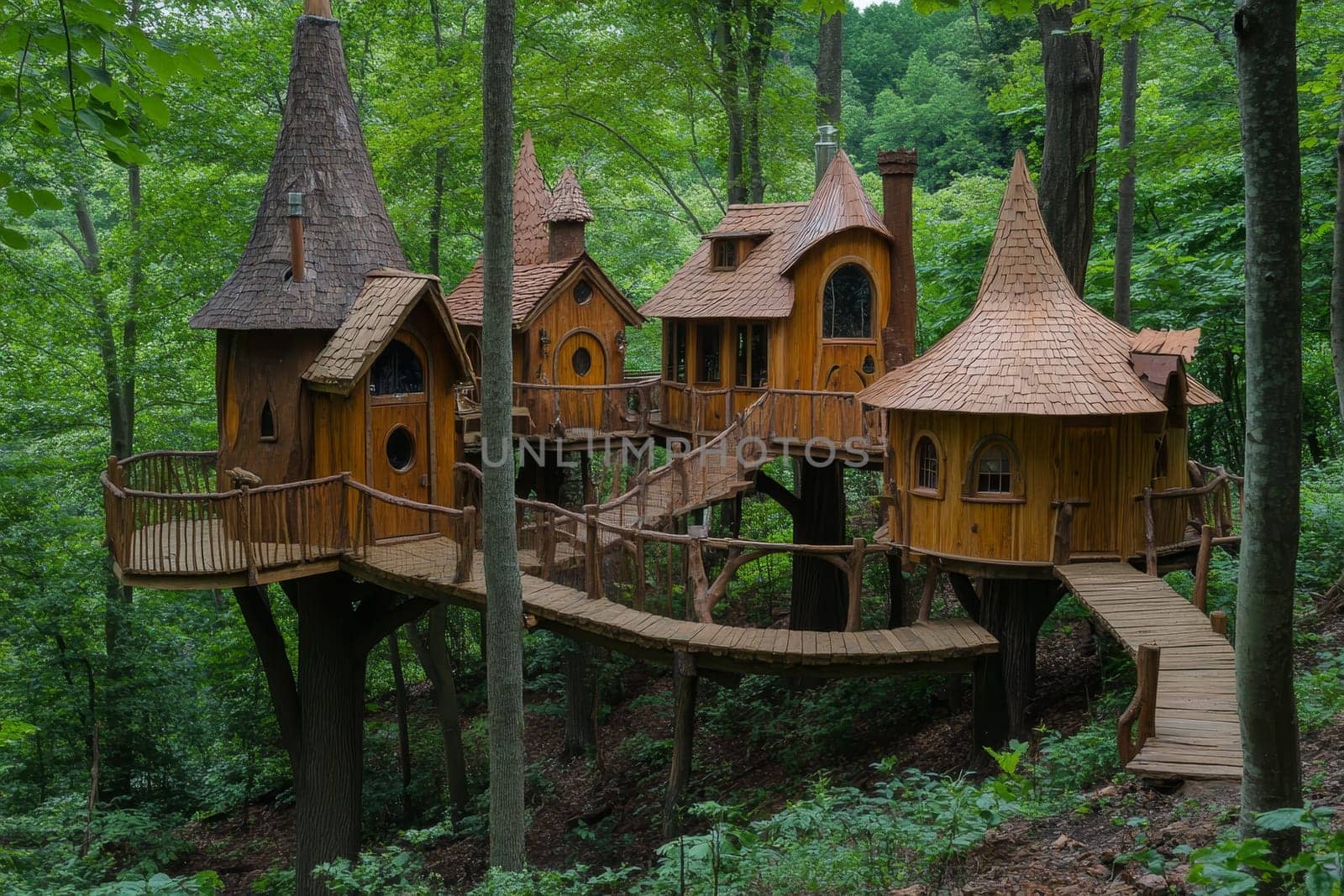 Interconnected wooden treehouses with conical roofs and walkways nestled among lush green forest trees.